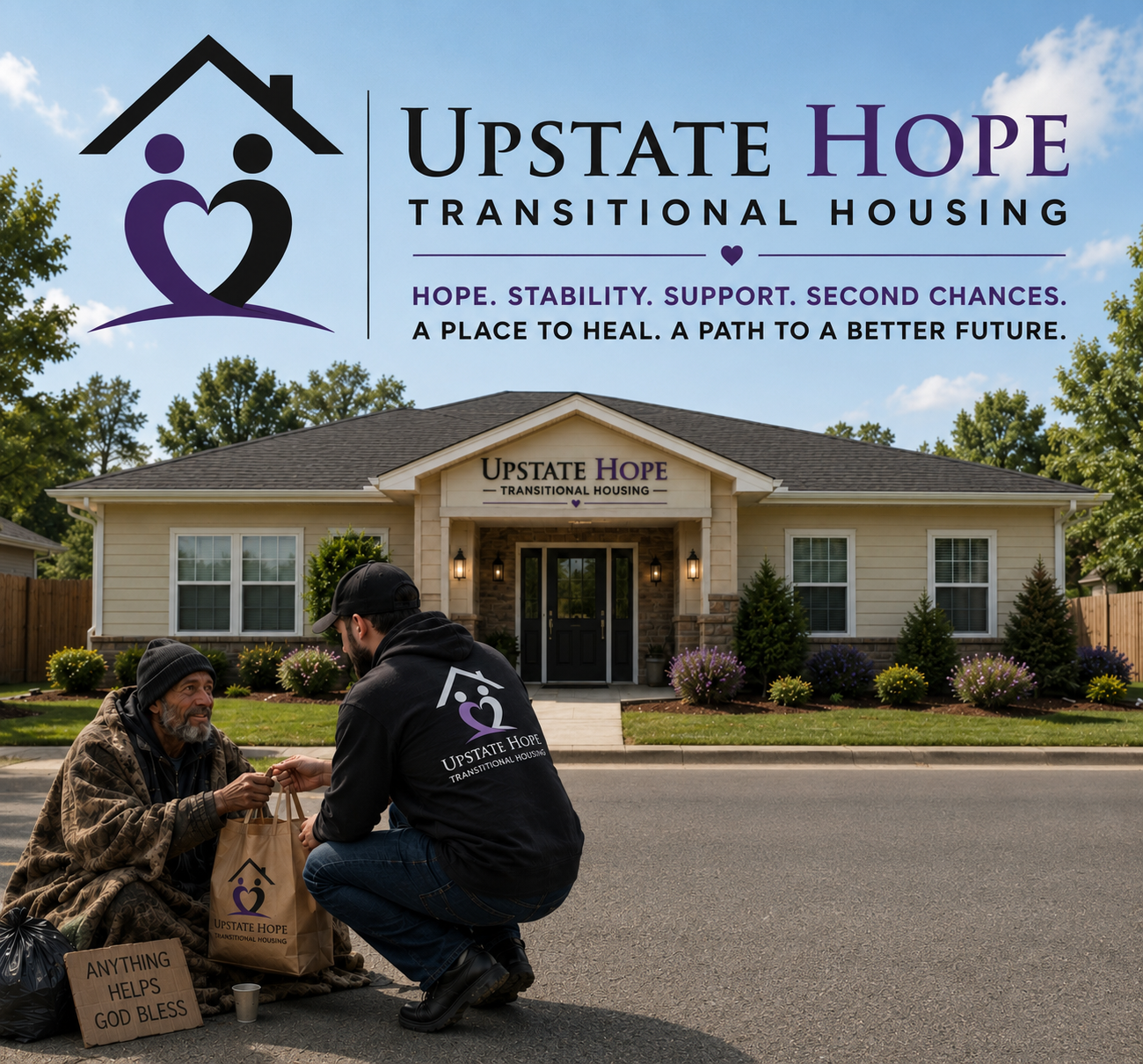 Upstate Hope staff member serving a community member in need outside the Upstate Hope Transitional Housing facility